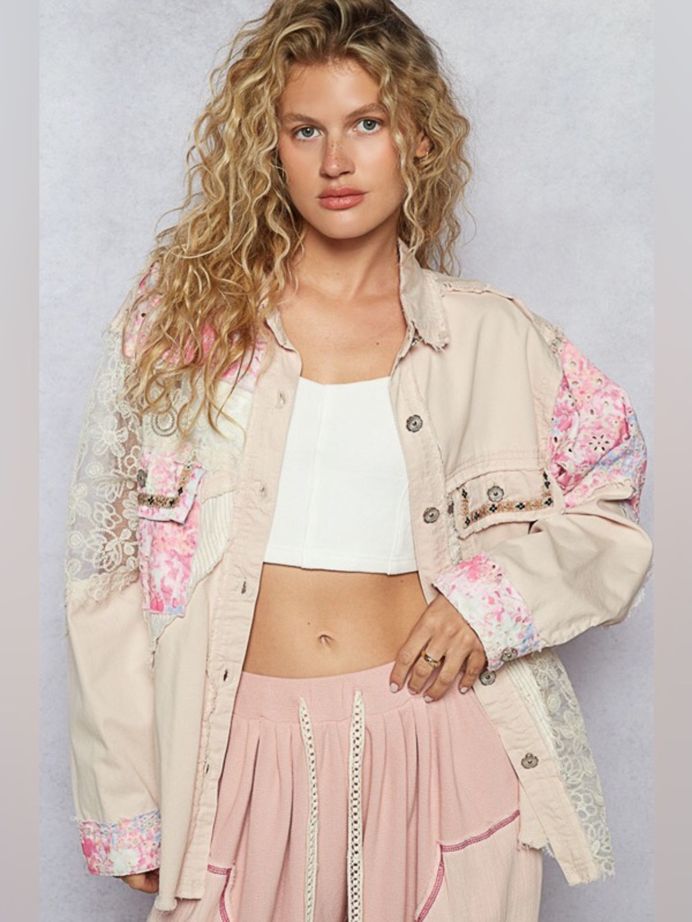 POL NWT JACKET TOP PINK CREAM LACE PATCH CROCHETED SIZE SMALL - Large